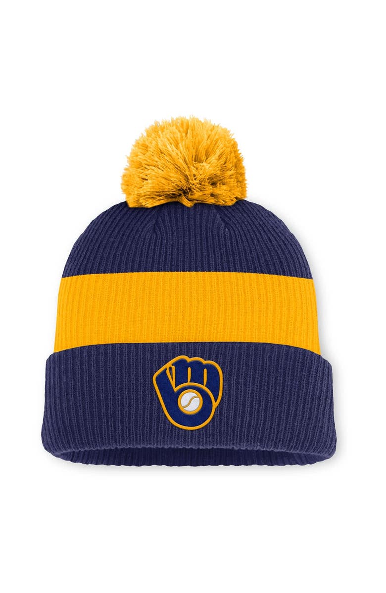 Nike Men's Nike Blue/Gold Milwaukee Brewers Cooperstown Collection Peak Standard Cuffed Knit Hat with Pom, Main, color, Blue