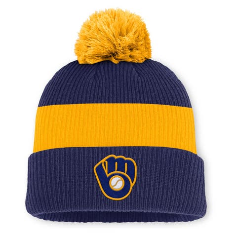 Men's Nike Blue/Gold Milwaukee Brewers Cooperstown Collection Peak Standard Cuffed Knit Hat with Pom