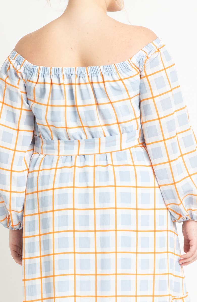 ELOQUII Check Print Off the Shoulder Long Sleeve Maxi Dress, Alternate, color, 