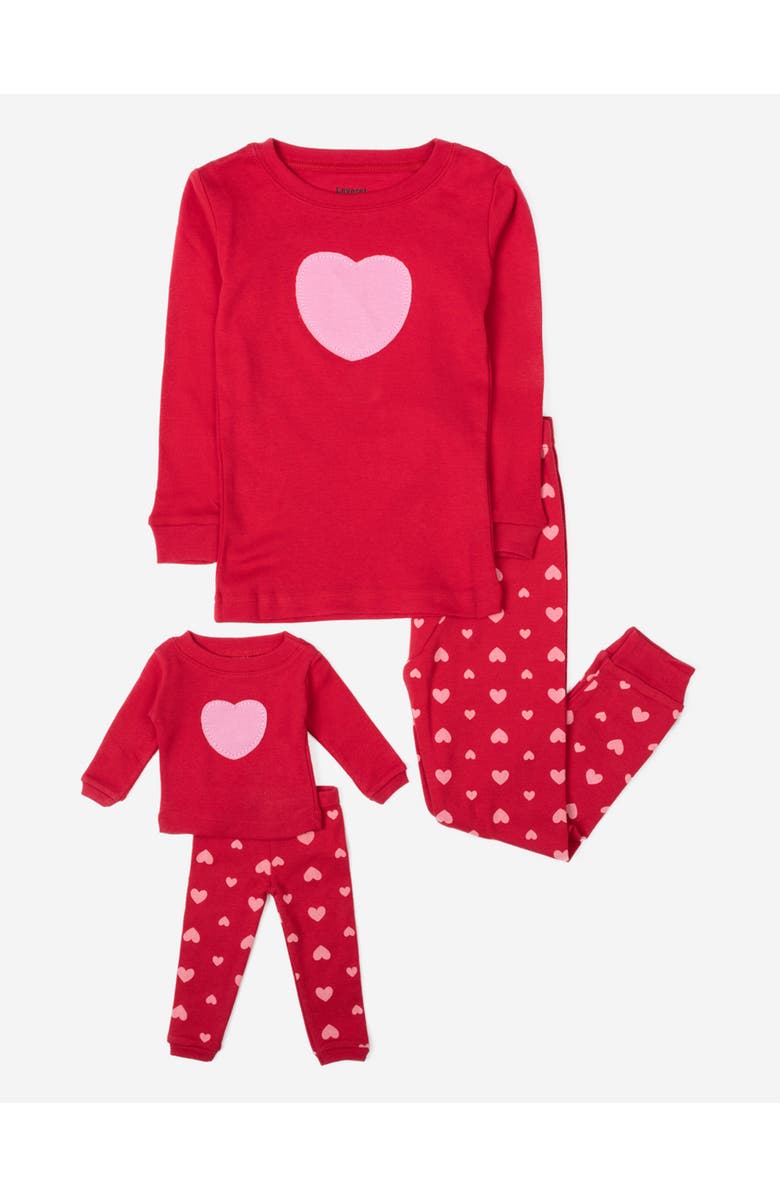 Leveret Girls 2-pc. Cotton Pajamas with Matching Doll Accessory - Spring & Everyday Prints, Main, color, Hearts Red