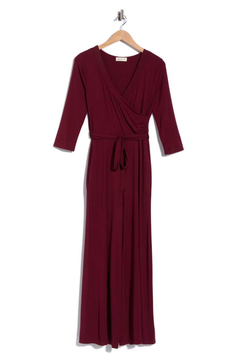 3/4 Length Sleeve Wrap Wide Leg Jumpsuit, Alternate, color, WINE