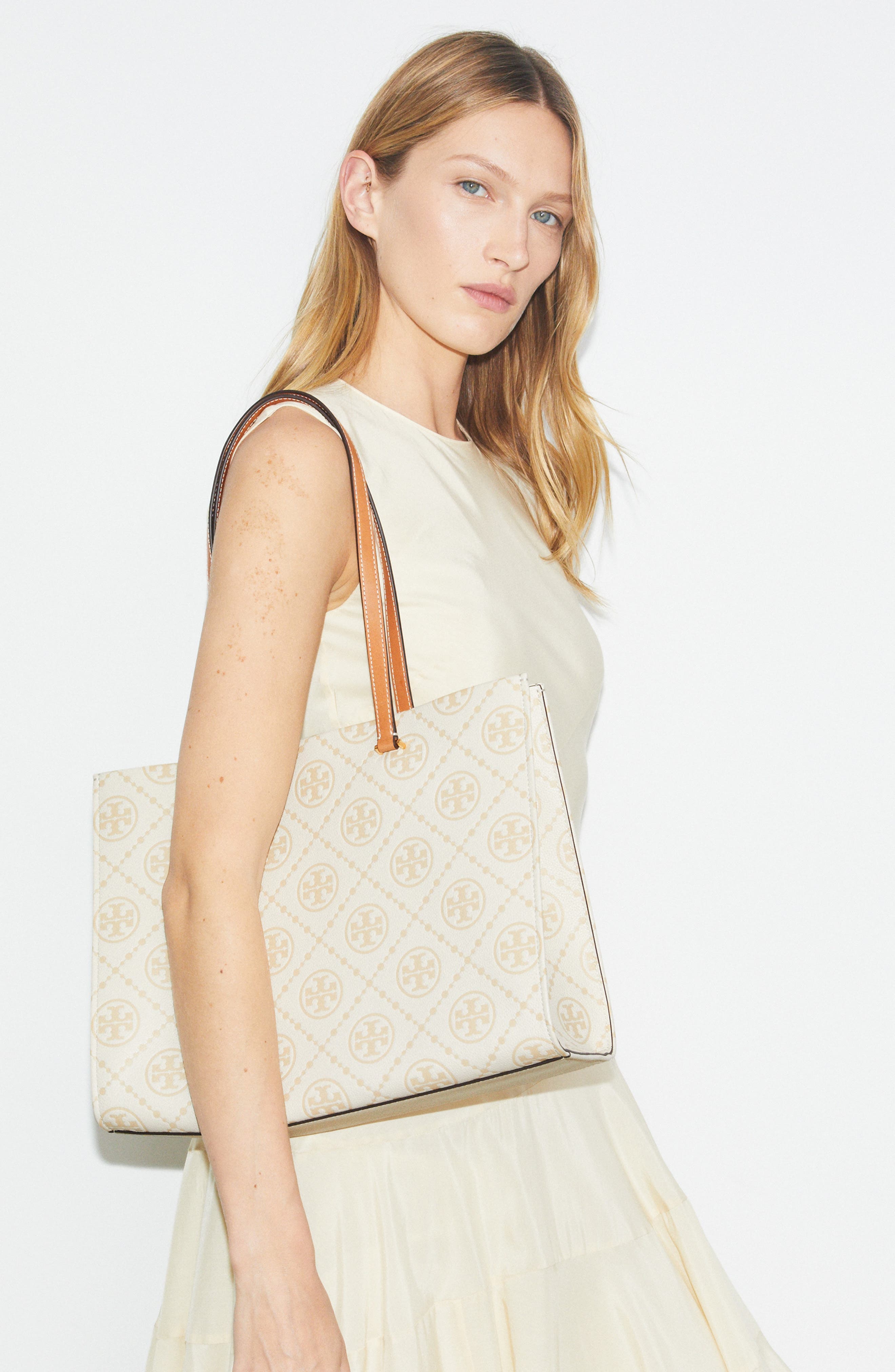 Tory Burch T Monogram Debossed Pebble Leather Tote, Alternate, color, Biscotti