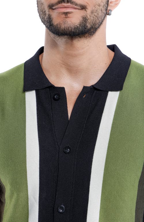 Spring + Mercer Stripe Short Sleeve Button-up Polo Sweater In Black/olive
