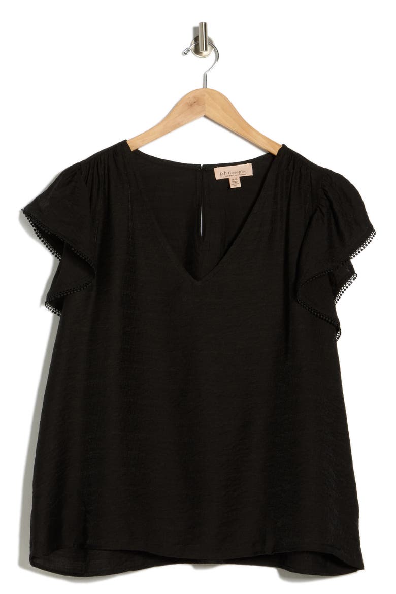 V-Neck Flutter Sleeve Top, Alternate, color, BLACK
