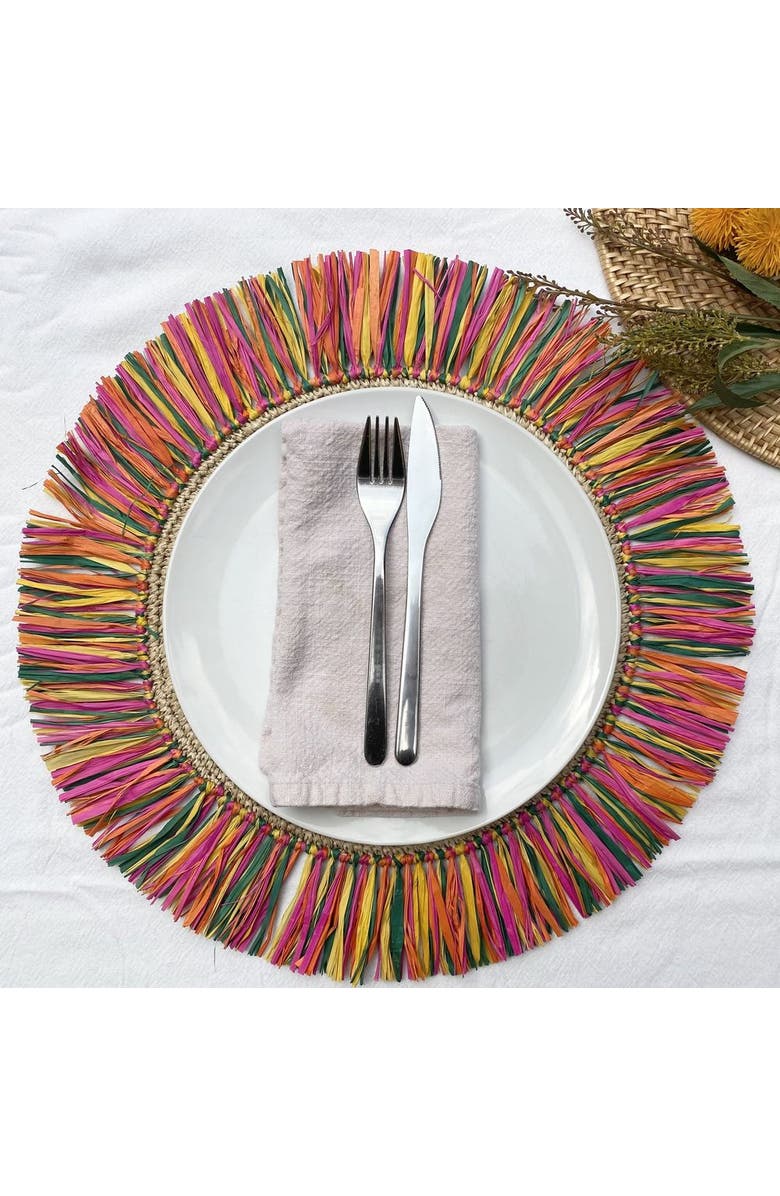 Kubo Pahiyas Woven Raffia Fringe Placemats Multi Rainbow - Set of 2, Alternate, color, Natural