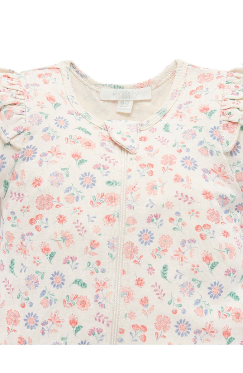 Purebaby Printed Short Sleeve Long Leg Ruffle Romper, Alternate, color, Flor Print