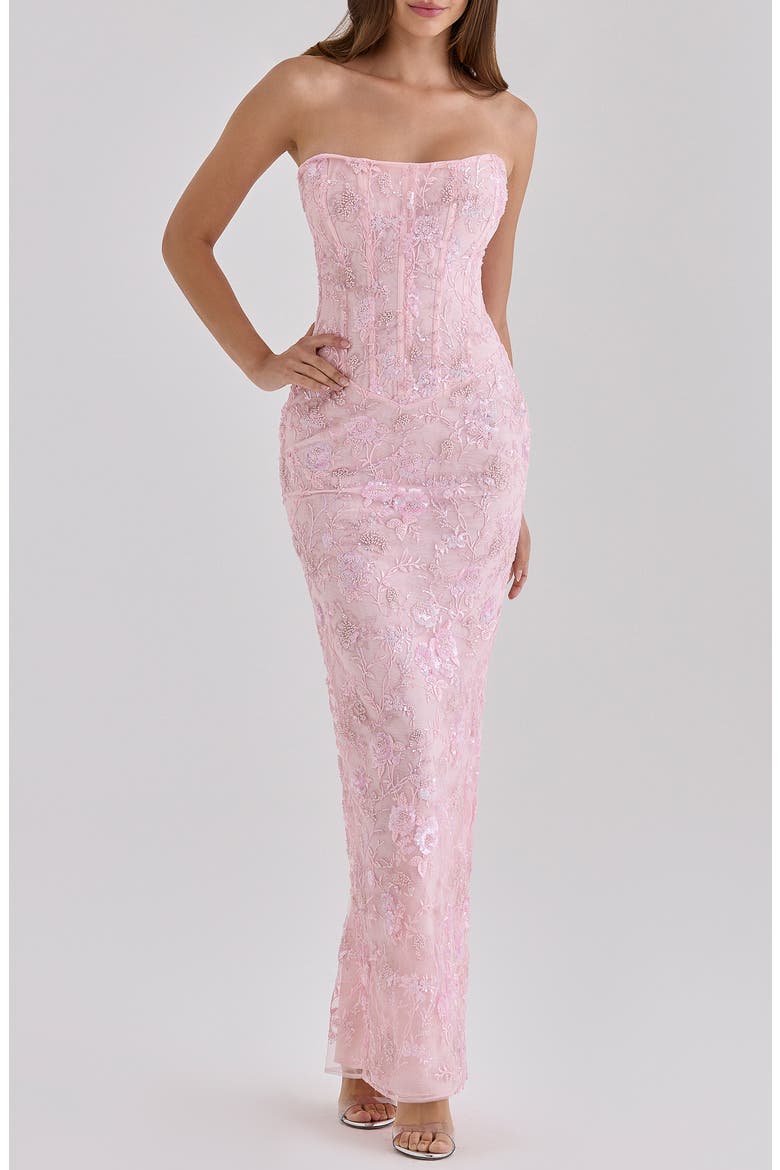 house of cb beaded dress Womens Crystal Pink Serelise Hand-Beaded Strapless Woven Maxi XS (A-C Cup) The Evolution of the Chevron Bottom Size:34x30 A work of art