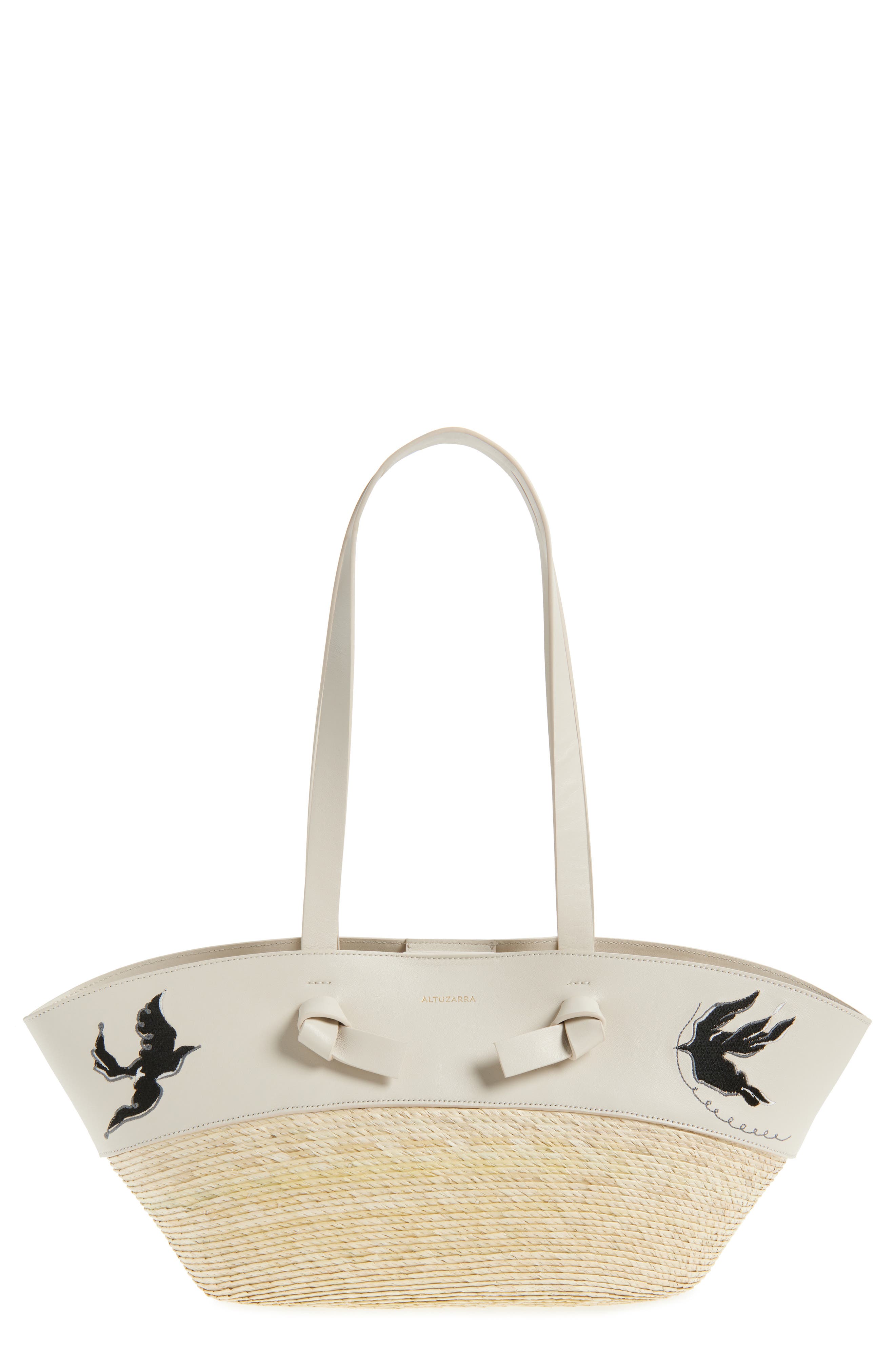 Altuzarra Small Embroidered Leather & Straw Basket Tote, Main, color, 378102 Ivory Embroidered Bird