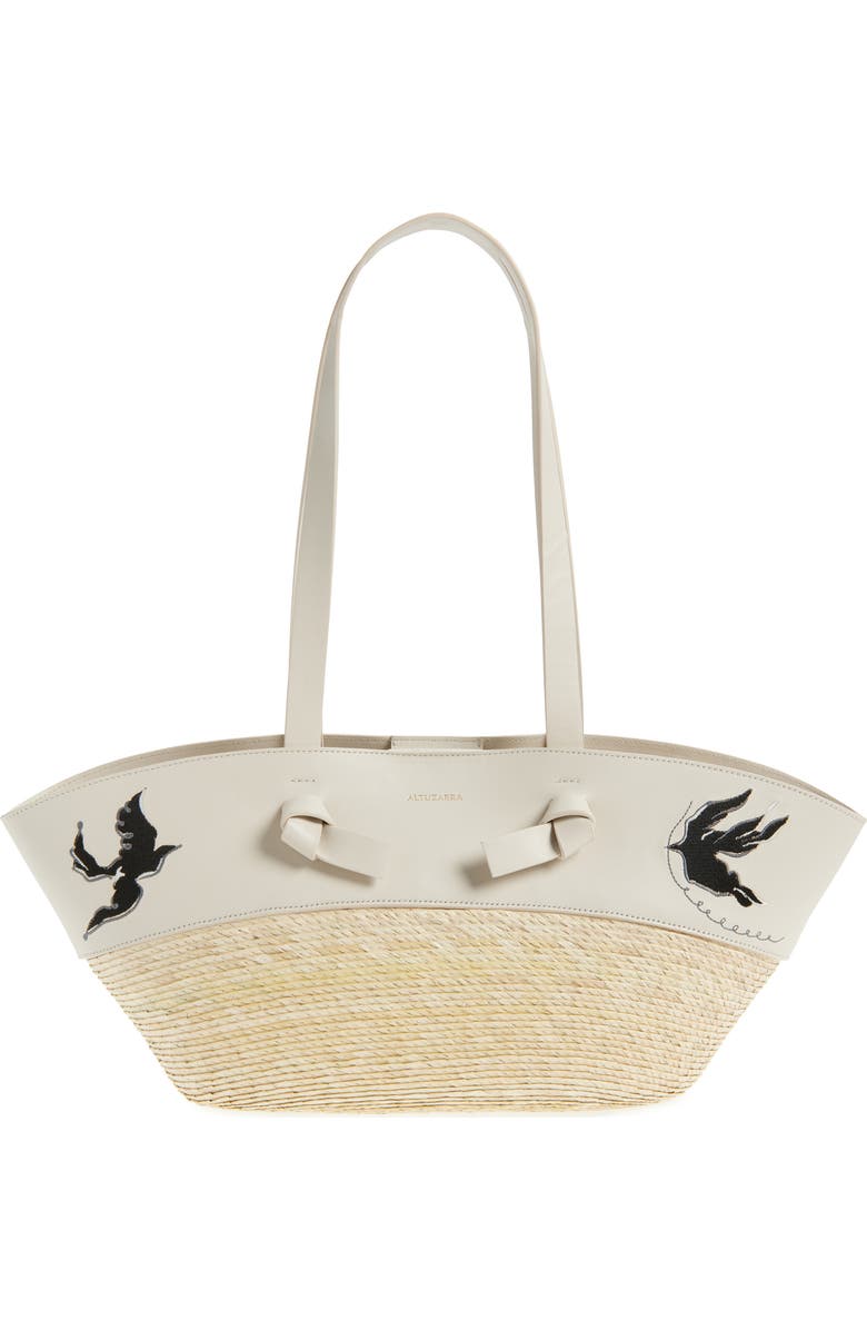 Altuzarra Small Embroidered Leather & Straw Basket Tote, Main, color, 378102 Ivory Embroidered Bird