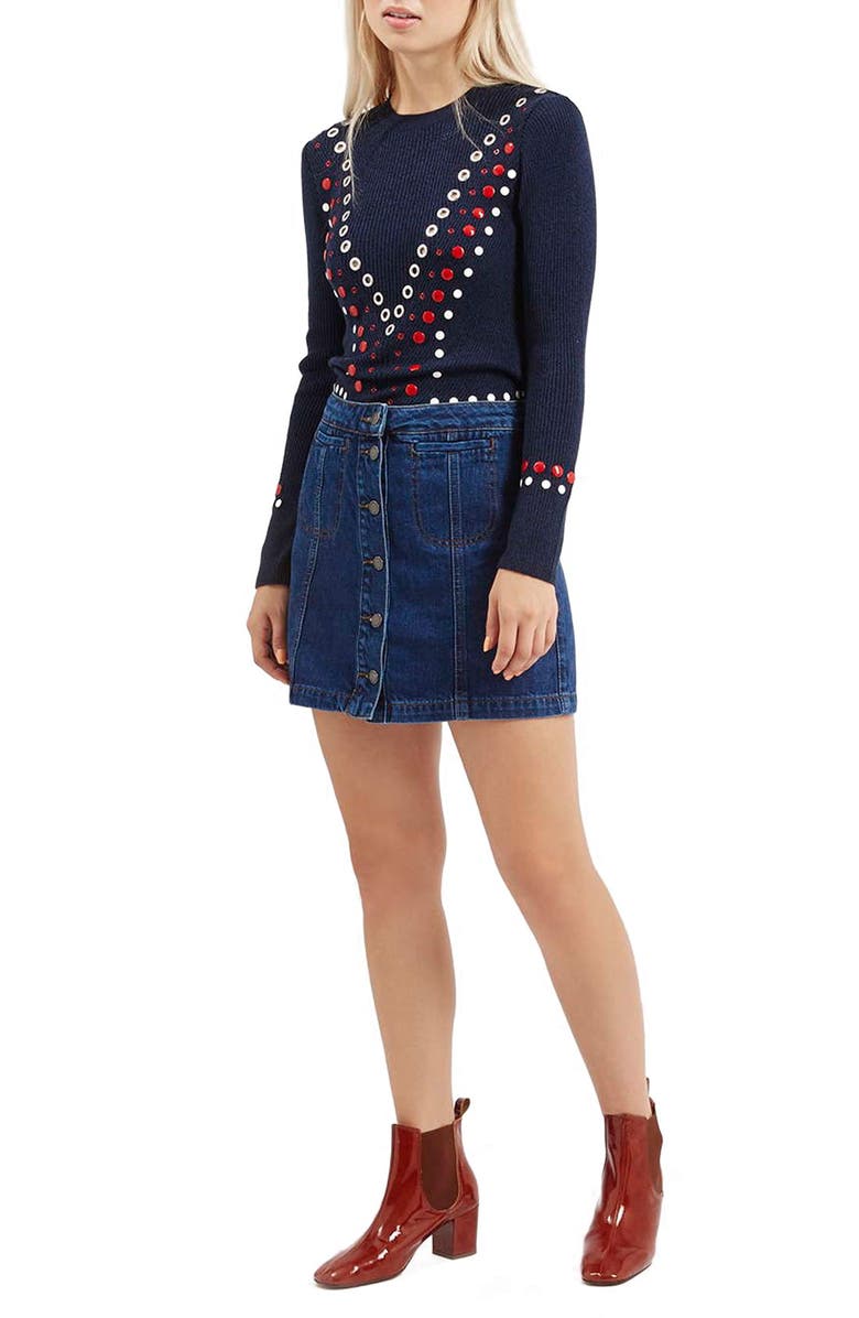 Topshop Button Front Denim Skirt, Alternate, color, 