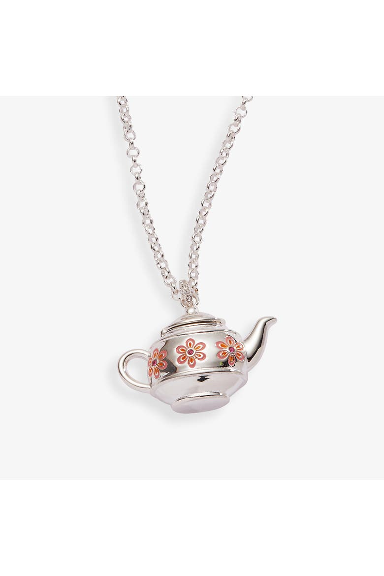Floral Teapot Locket Pendant Necklace, Main, color, Silver