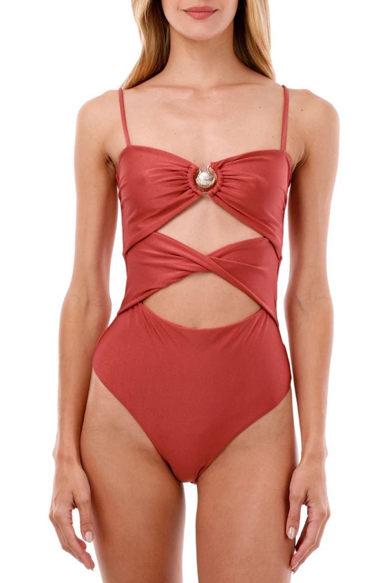 Fabed Rose Wavelet Twist Front Cutout One-Piece Swimsuit, Main, color, FABED ROSE