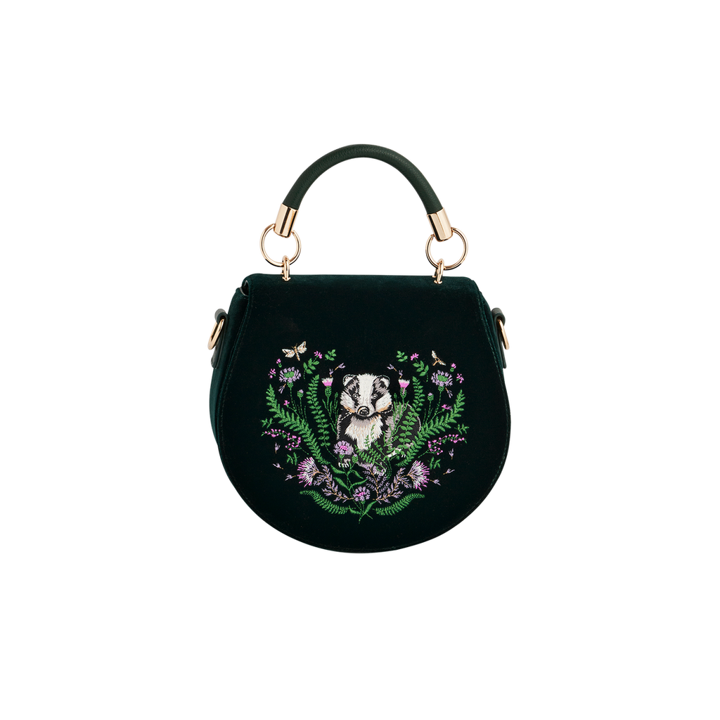 Fable England Badger Embroidered Green Top Handle Saddle Bag In Green