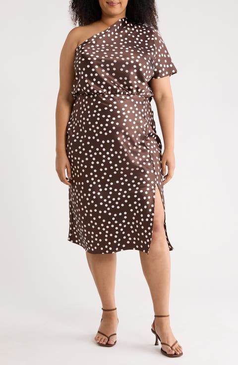 Polka Dot One-Shoulder Satin Midi Dress (Plus)