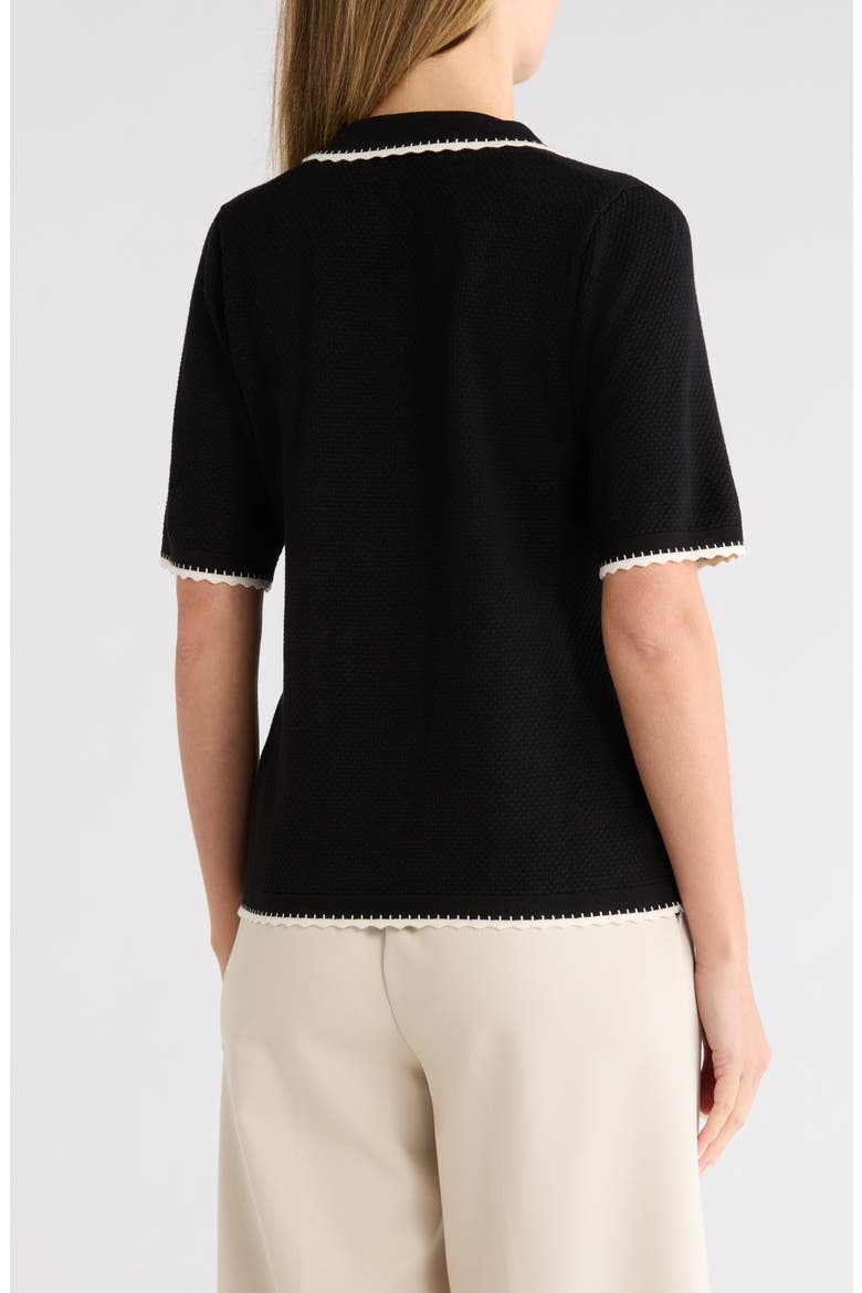Scallop Trim Short Sleeve Polo Sweater, Alternate, color, BLACK/ CREAM