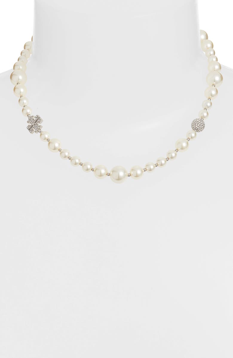 Tory Burch Pavé Crystal Charm 
Imitation Pearl Choker Necklace, Alternate, color, 