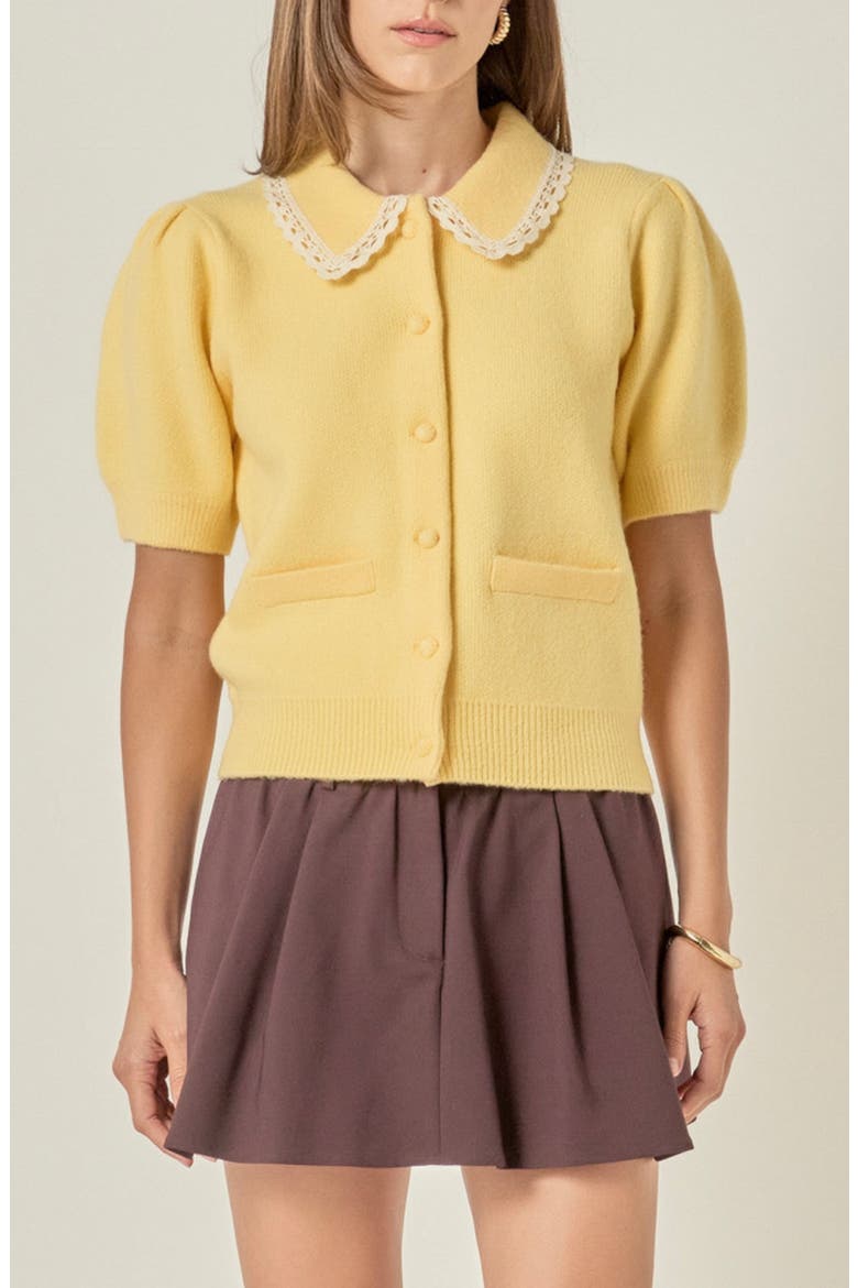 Lace Trim Puff Sleeve Cardigan, Main, color, BUTTER YELLOW