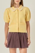 English Factory Lace Trim Puff Sleeve Cardigan