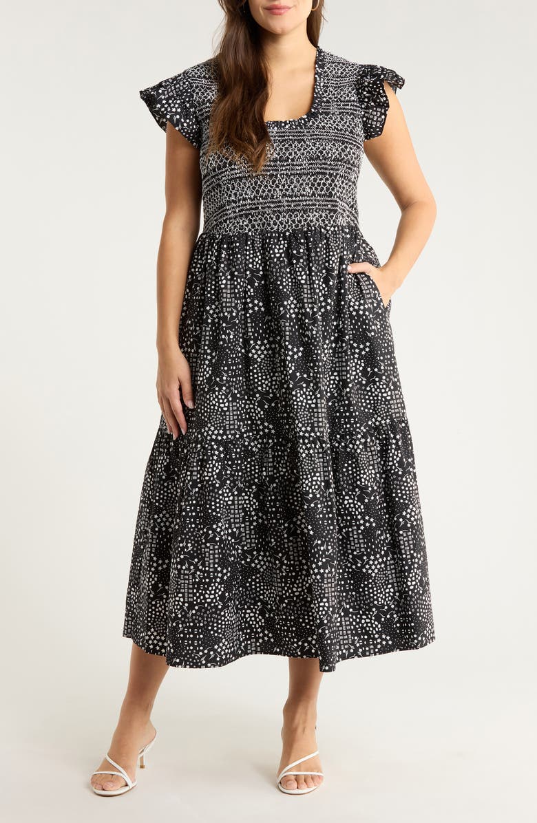 SUGARLIPS Larsa Geometric Print Smocked Dress, Main, color, Black-White