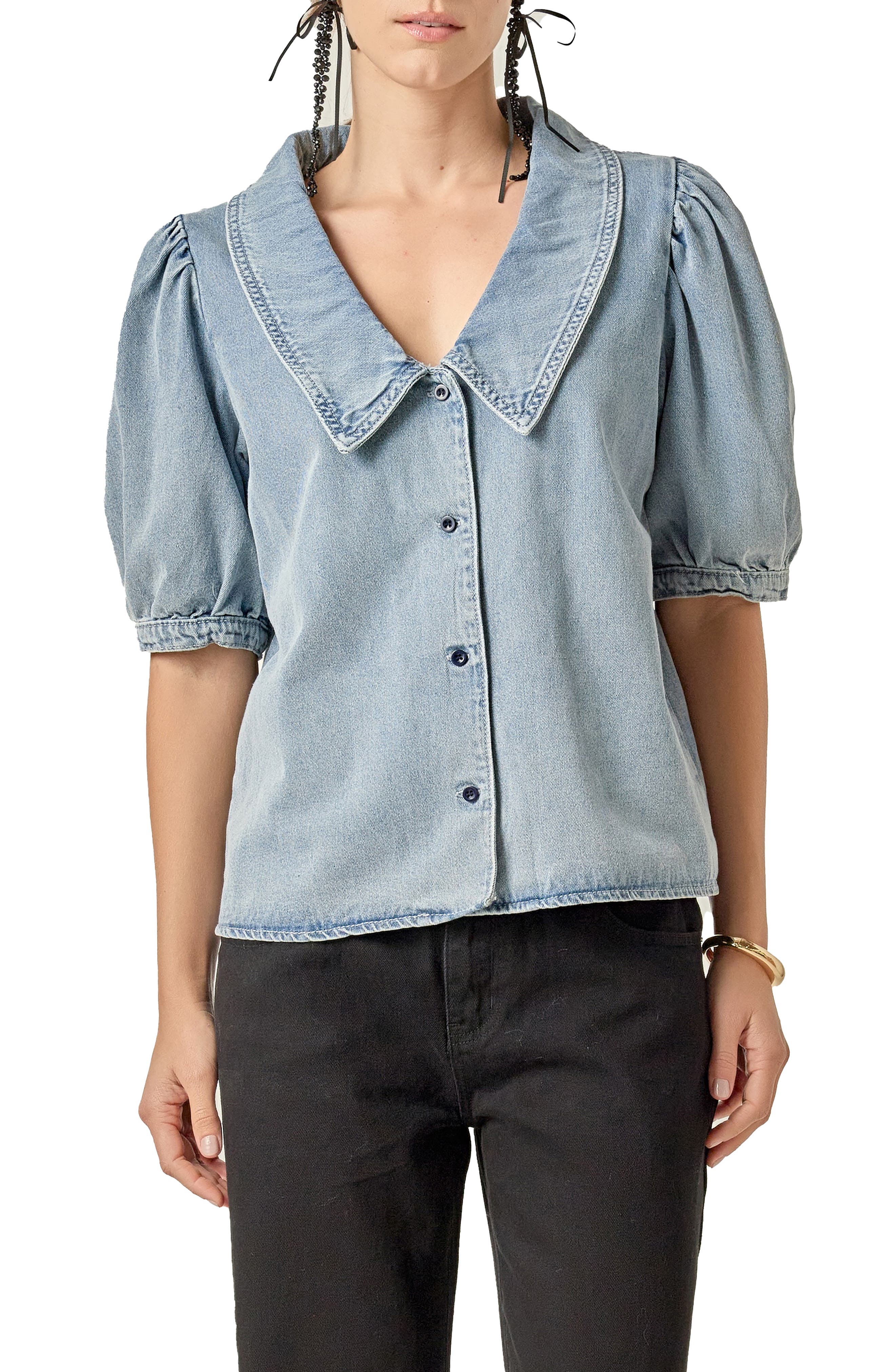 English Factory Peter Pan Collar Balloon Sleeve Denim Top