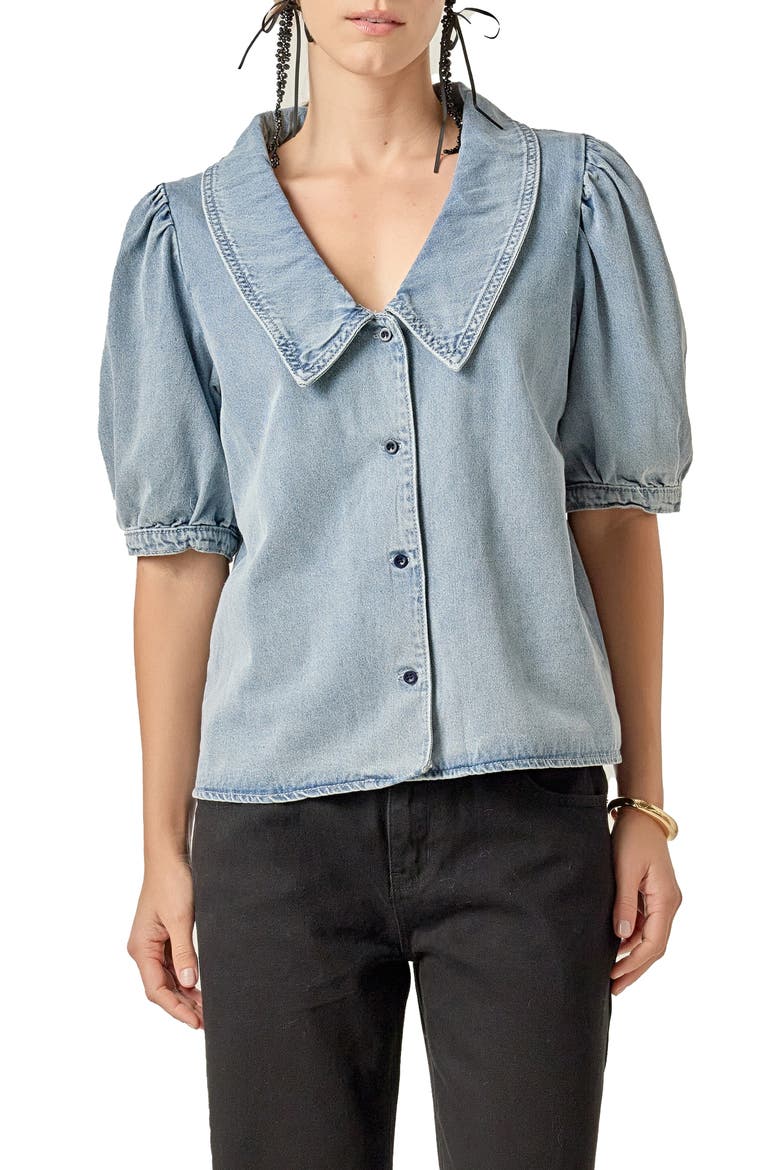 Peter Pan Collar Balloon Sleeve Denim Top, Main, color, BLUE