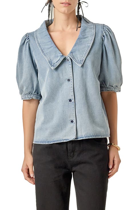 Peter Pan Collar Balloon Sleeve Denim Top