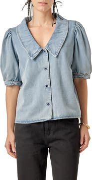 English Factory Peter Pan Collar Balloon Sleeve Denim Top