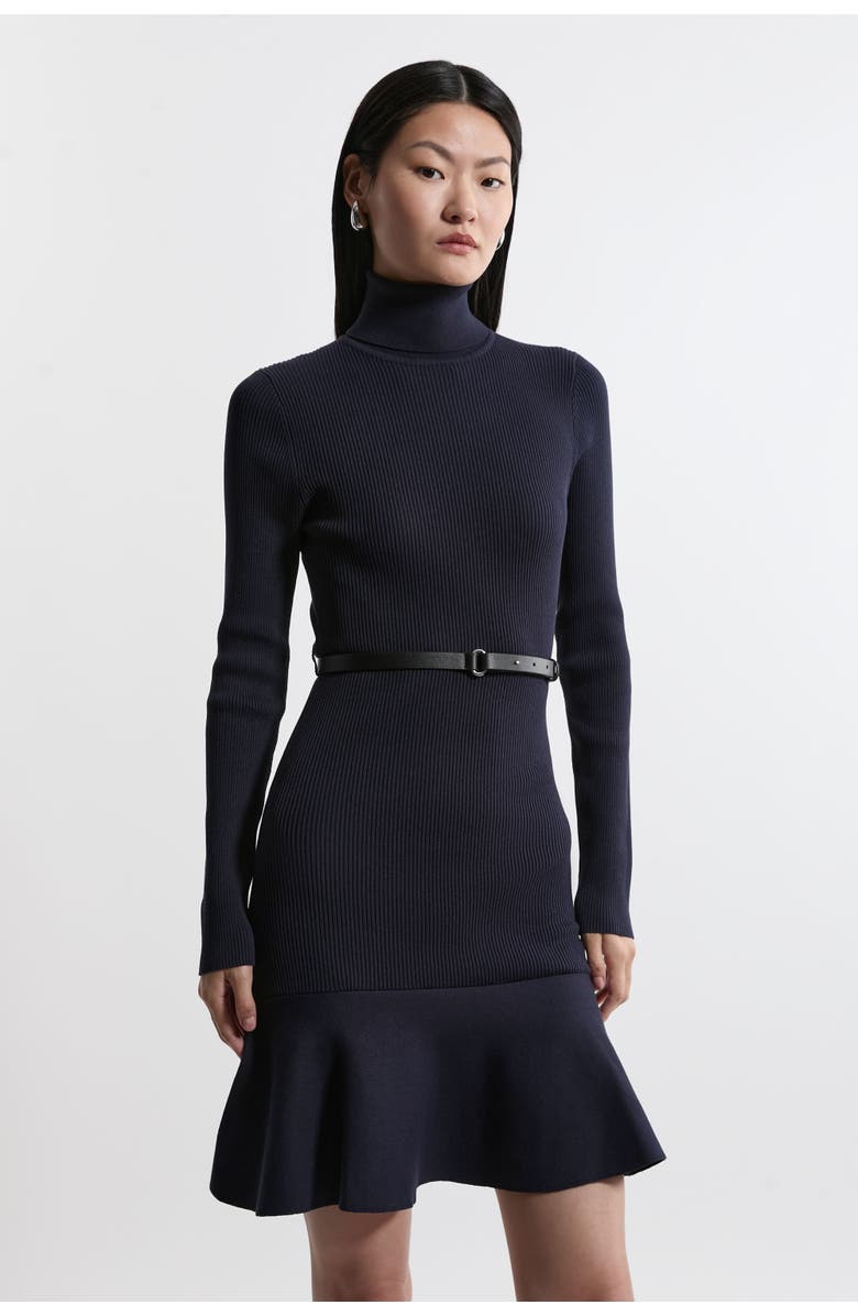 Karen Millen Roll Neck Belted Flippy Hem Mini Dress, Main, color, Navy