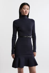 Karen Millen Roll Neck Belted Flippy Hem Mini Dress