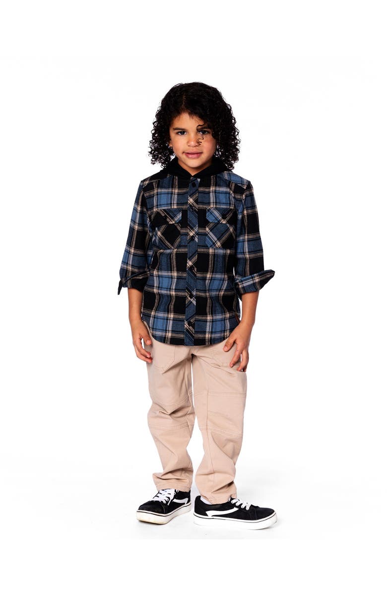 Deux par Deux Long Sleeve Hooded Flannel Shirt, Alternate, color, Blue And Black