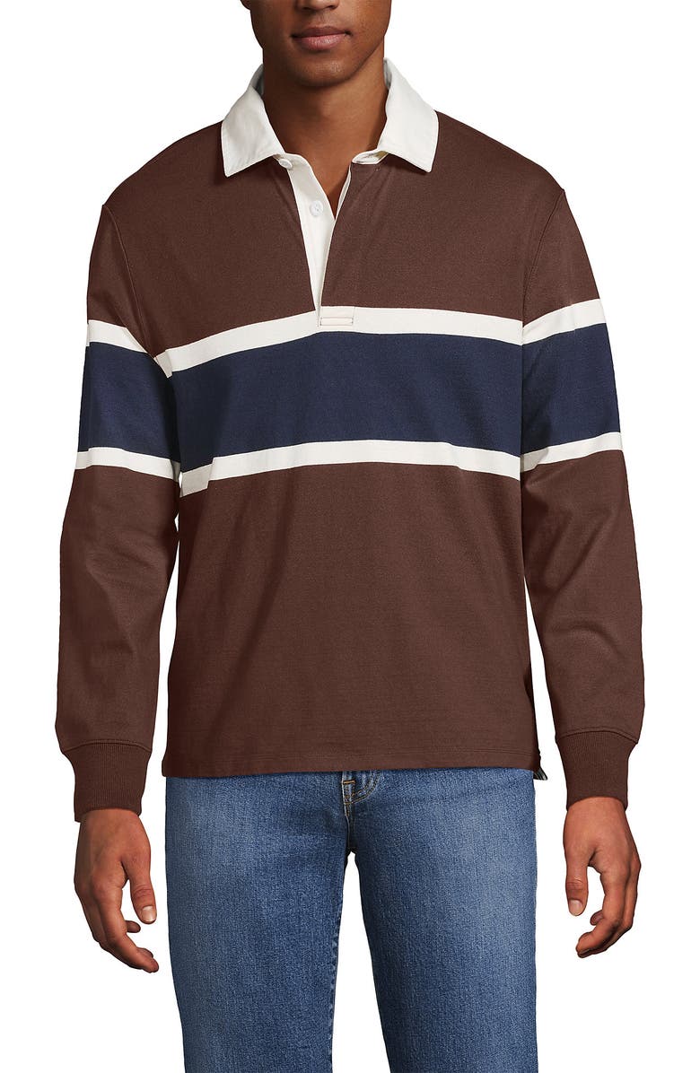 Lands' End Long Sleeve Rugby Shirt, Main, color, Dark Walnut Brown/Navy Stripe