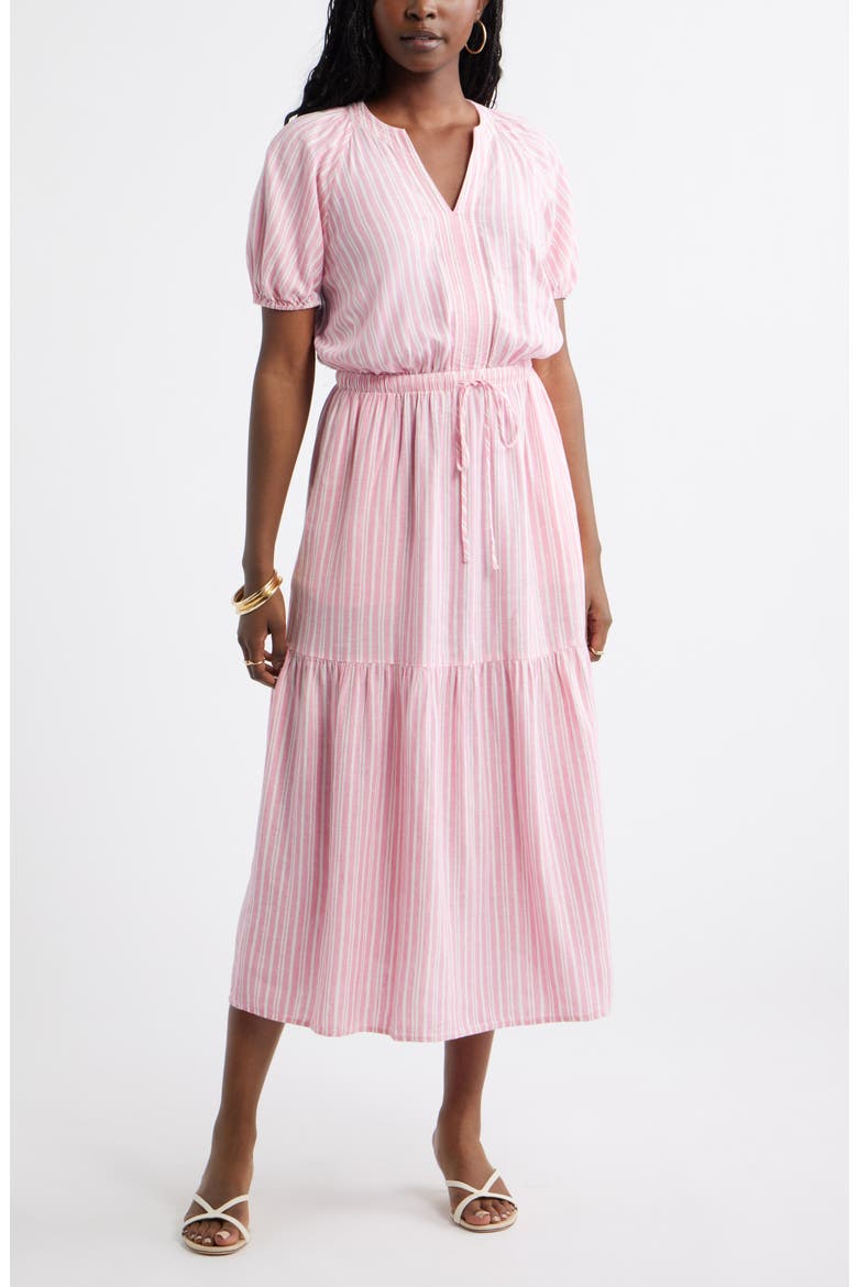 Easy Linen Blend Midi Dress, Main, color, PINK- IVORY GINGER STRIPE