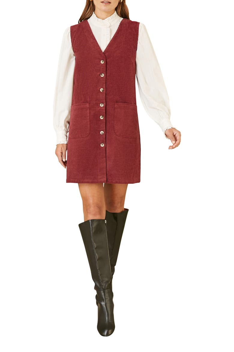 V-Neck Cord Pinafore Dress, Alternate, color, Burgundy