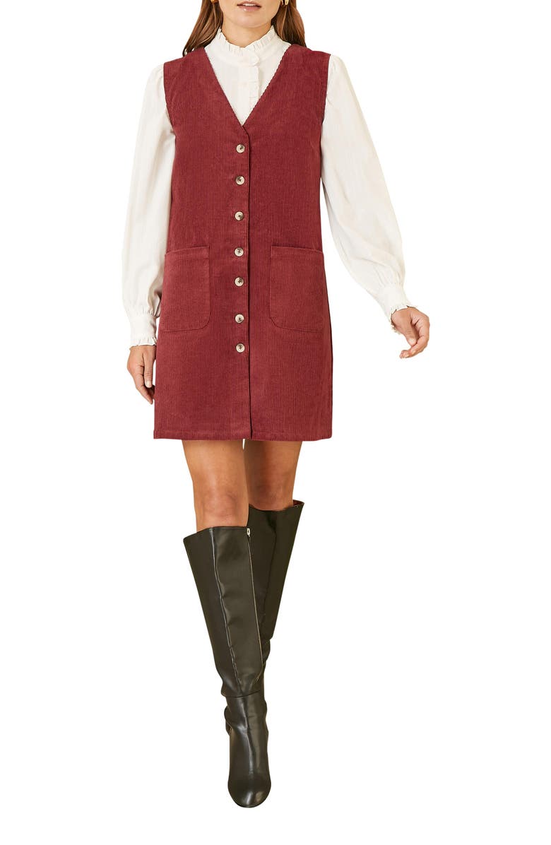 Yumi V-Neck Cord Pinafore Dress, Alternate, color, Burgundy