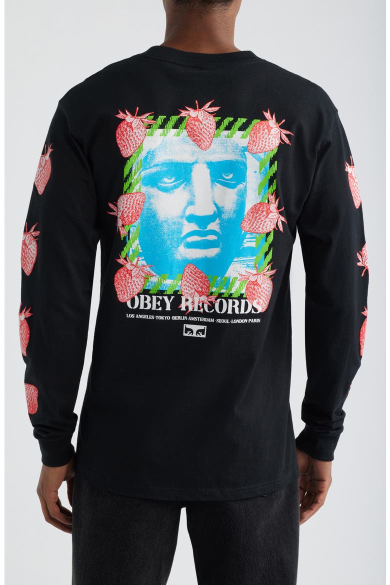 Strawberry Garden Long Sleeve Cotton Graphic T-Shirt, Alternate, color, BLACK