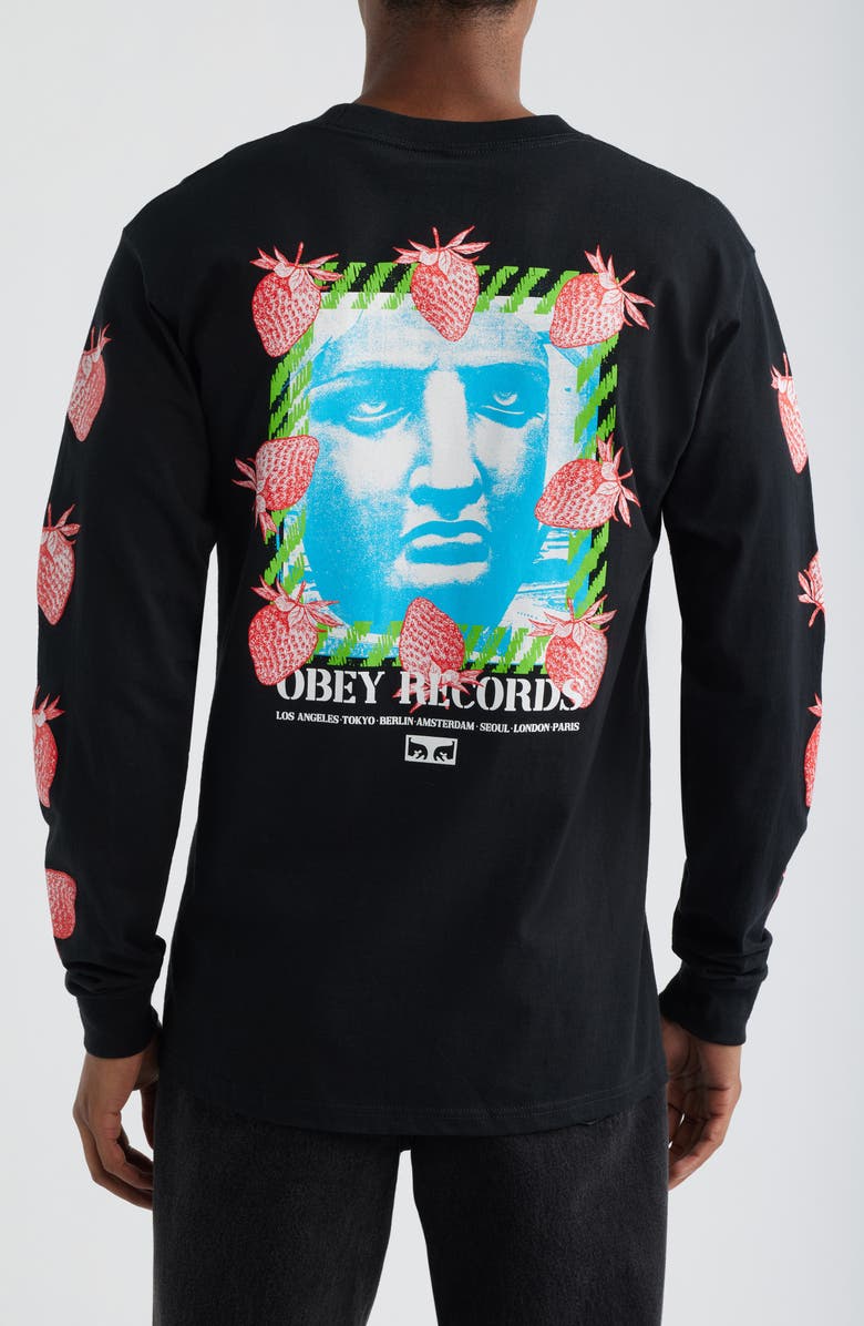 Obey Strawberry Garden Long Sleeve Cotton Graphic T-Shirt, Alternate, color, Black