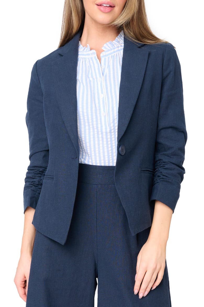 Ruched Sleeve Linen Blend Blazer, Main, color, DARK NAVY