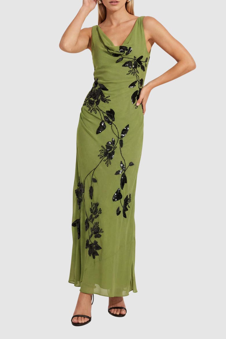 Cowl Embellished Ruched Side Maxi Dress, Alternate, color, Green