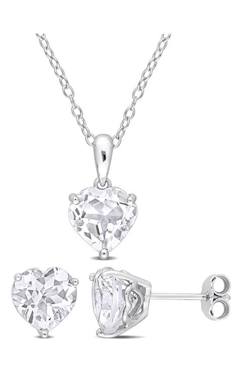 Heart Cut White Topaz Stud Earrings & Pendant Necklace Set