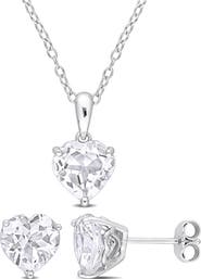 DELMAR Heart Cut White Topaz Stud Earrings & Pendant Necklace Set