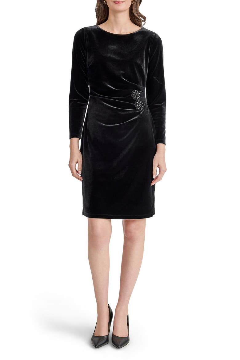 Velvet Side Pleat Sheath Dress, Main, color, BLACK