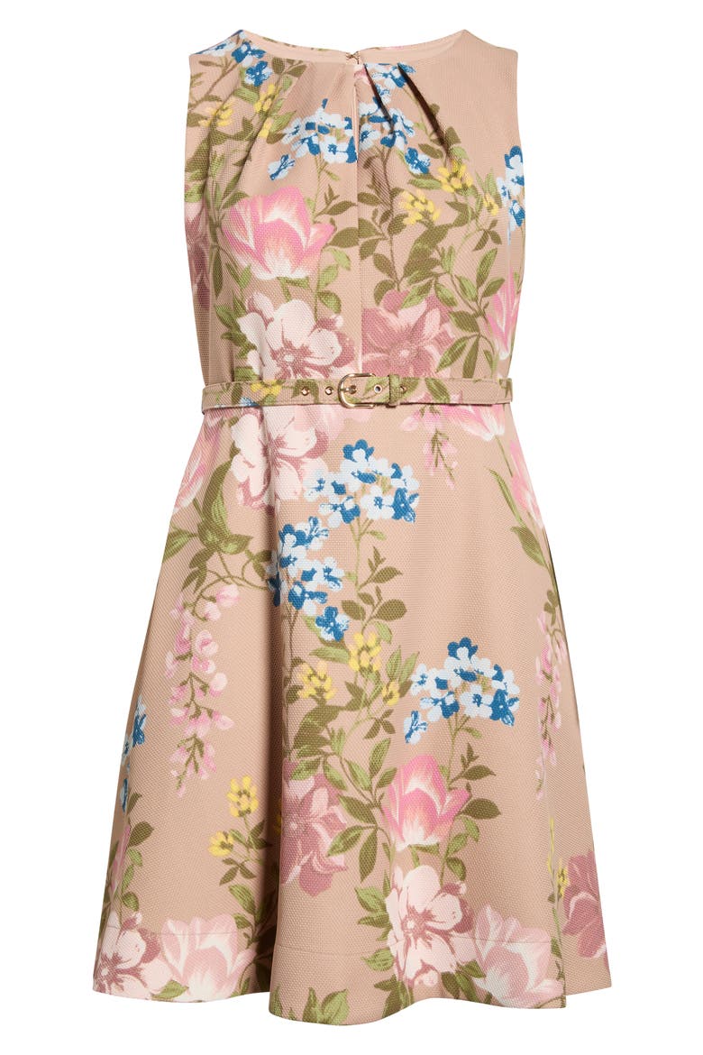 Floral Belted Pleat Neck Dress, Alternate, color, BLUSH TOAST