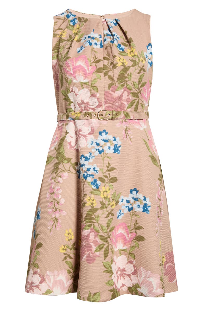 Tahari ASL Floral Belted Pleat Neck Dress, Main, color,