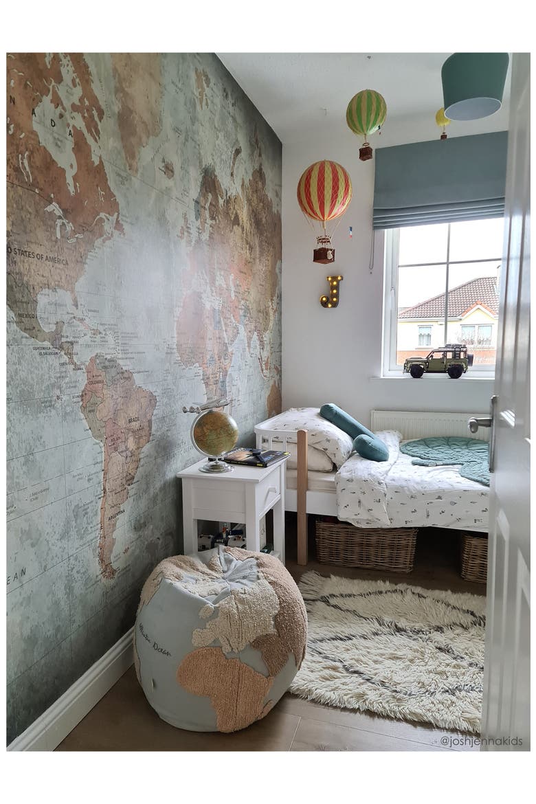 World Map Pouf, Alternate, color, LIGHT BLUE NATURAL LINEN