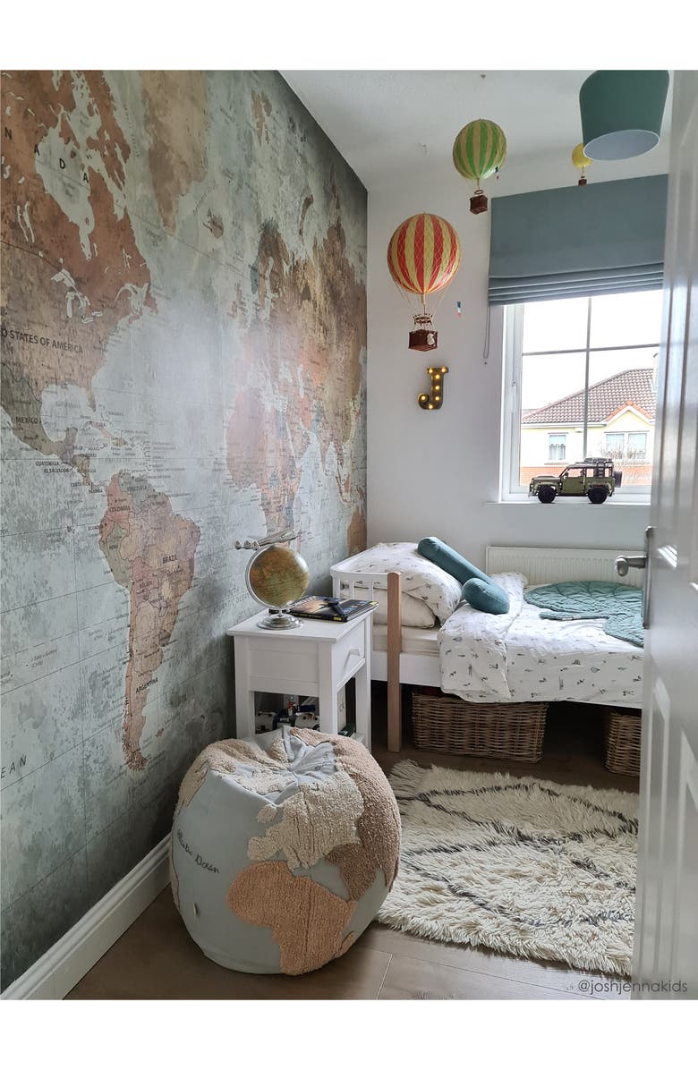 Lorena Canals World Map Pouf, Alternate, color, Light Blue Natural Linen