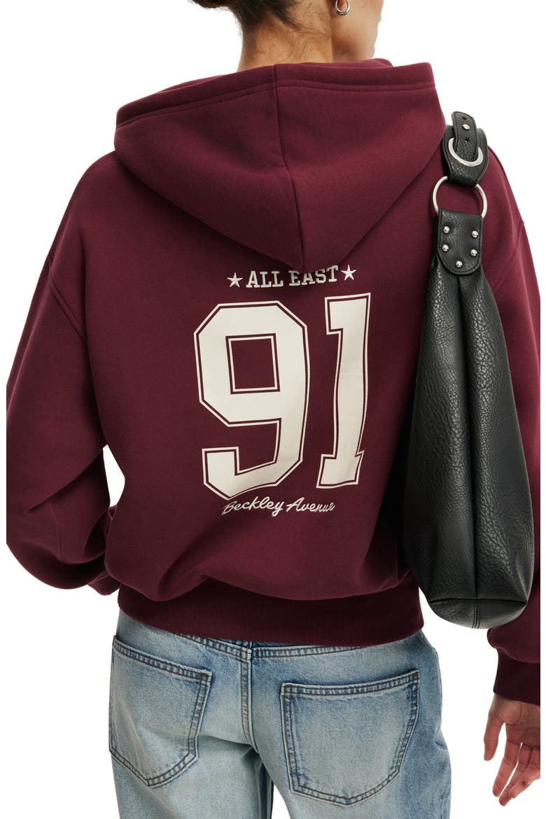 Women's Graphic Boxy Fleece Hoodie, Alternate, color, Sour Cherry 91