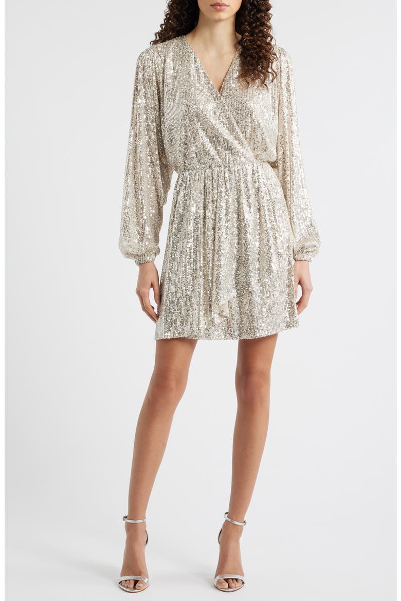 Dillio Sequin Mesh Long Sleeve Cocktail Dress, Main, color, OPEN BGE