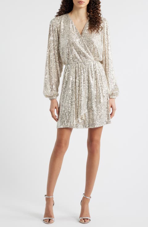 Dillio Sequin Mesh Long Sleeve Cocktail Dress