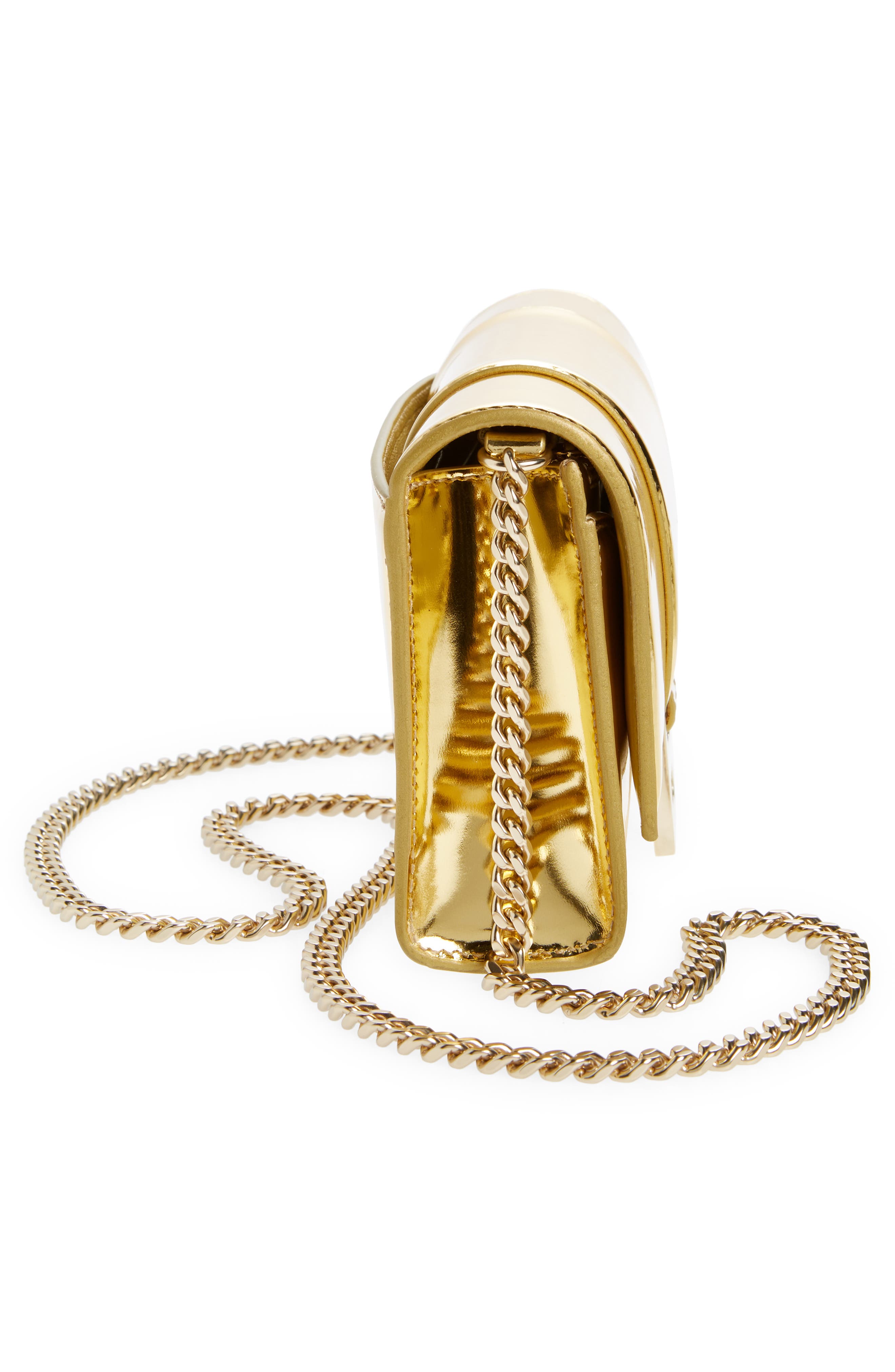 Hourglass Metallic Leather Wallet on a Chain, Alternate, color, GOLD