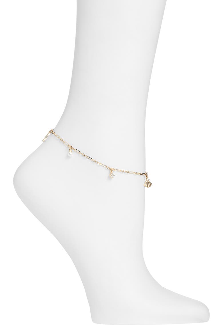 Faux Pearl & Cubic Zirconia Charm Anklet, Main, color, GOLD
